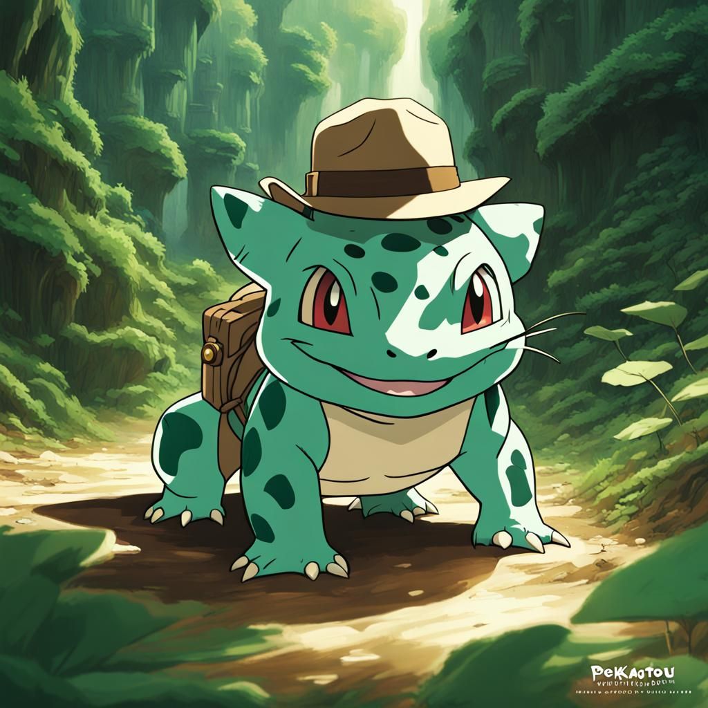 Bulbasaur as Indiana Jones in Ghibli Anime Style