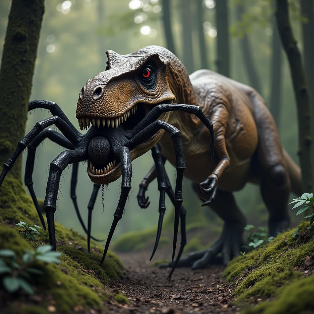 Tyrannosaurus Rex Devouring Spider in Dark Forest