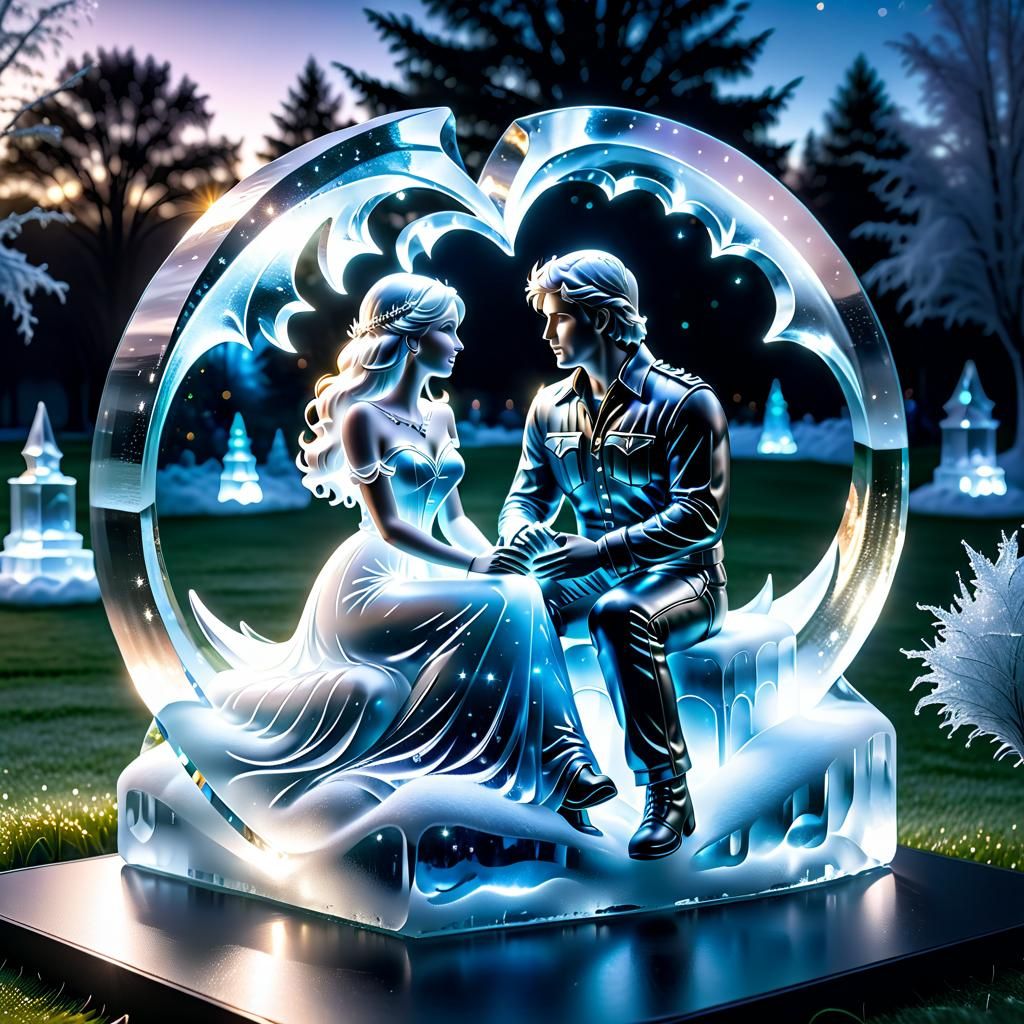 Romantic Glass Couple Ice Sculpture in Photo-Realism