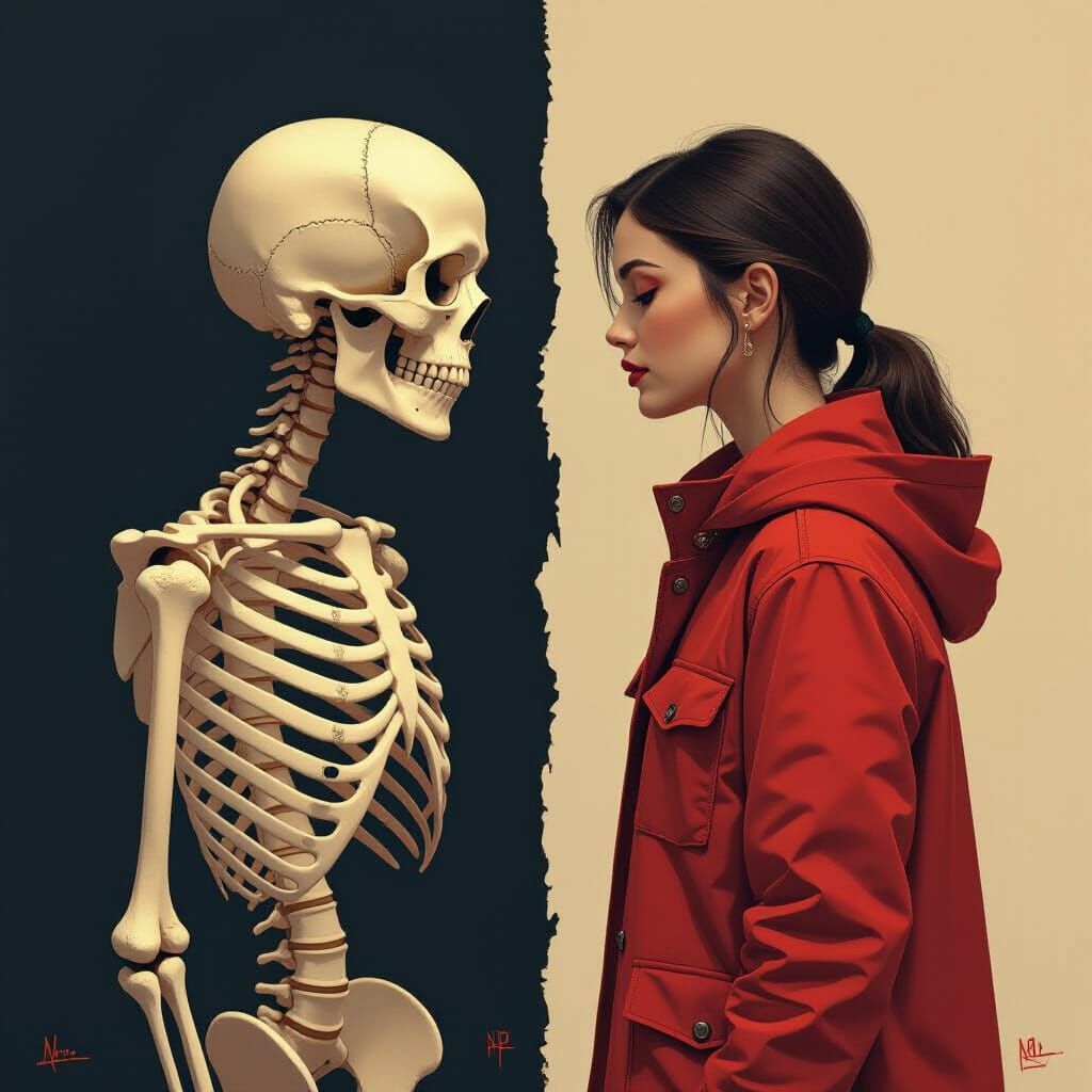 Skeleton and Human Split Screen, Contrasting Worlds