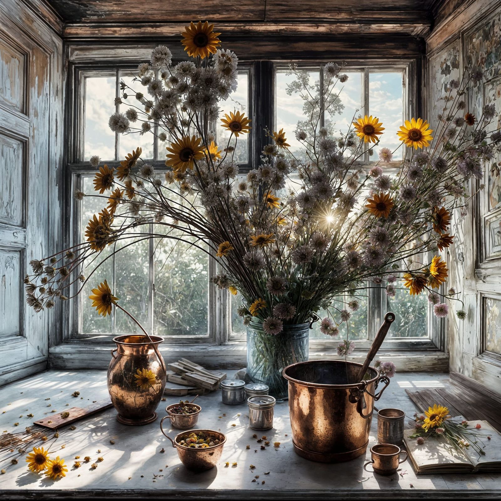 Contre-jour Table with Flowers in Hyperreal Style