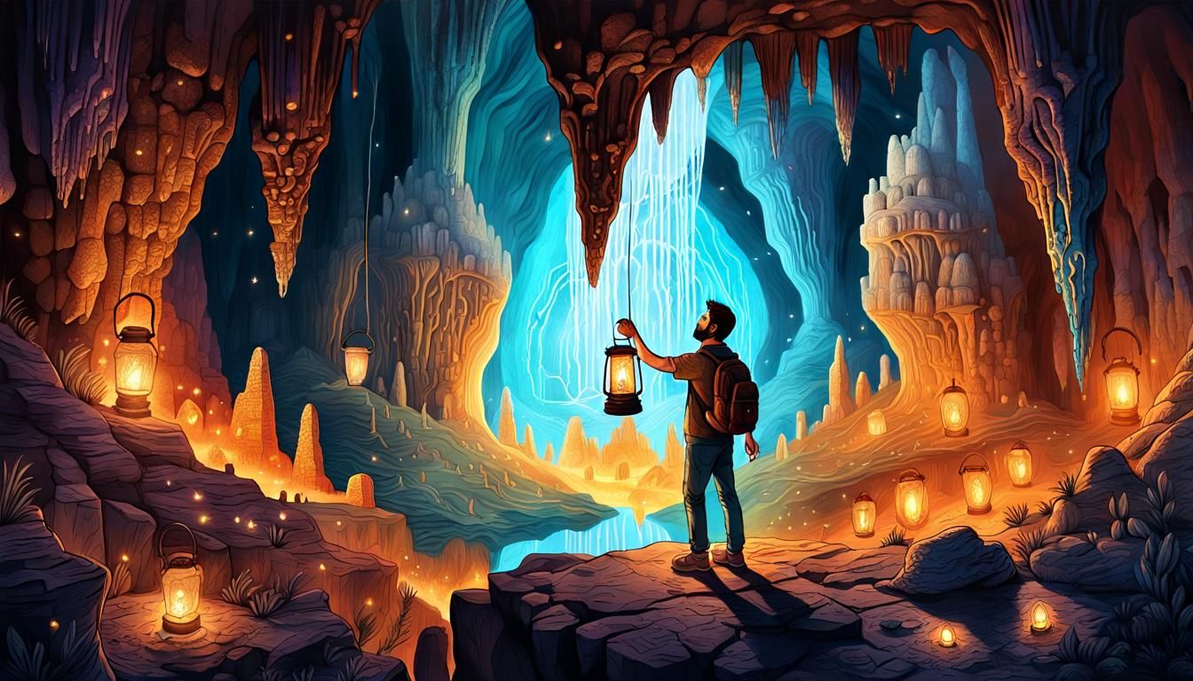 Man with Lantern in Cave, Line Drawing