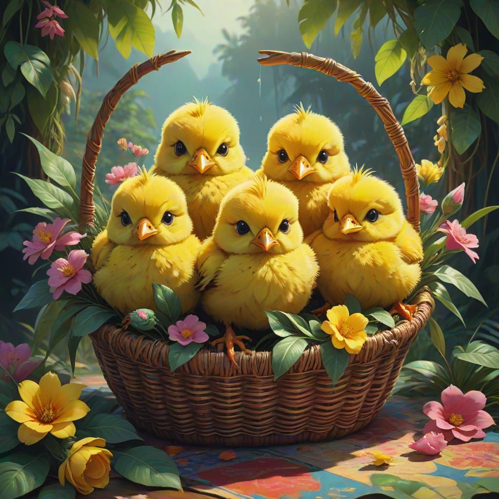 Charming Chicks in a Vibrant Floral Wonderland
