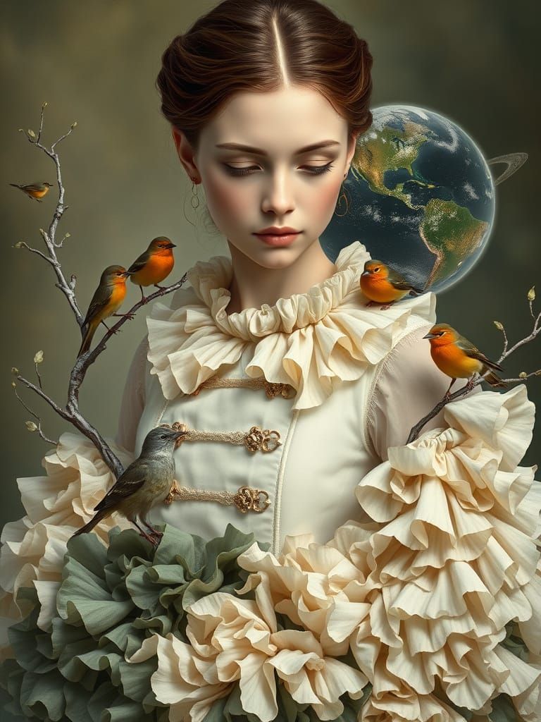 Elegant Portrait of Woman with Birds in Painterly Style