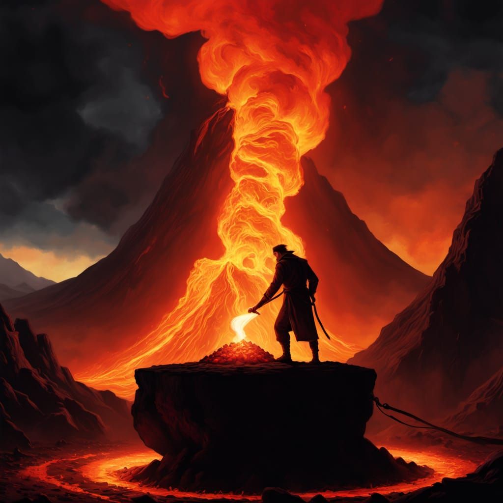 Epic Ring Forging in Volcano, Cinematic Oil Painting Style
