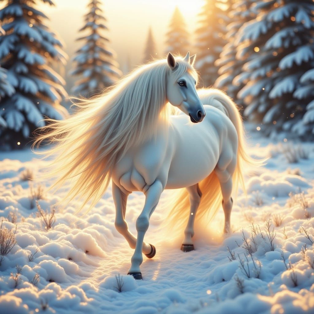 White Arabian Horse and Unicorn in Snowy Landscape