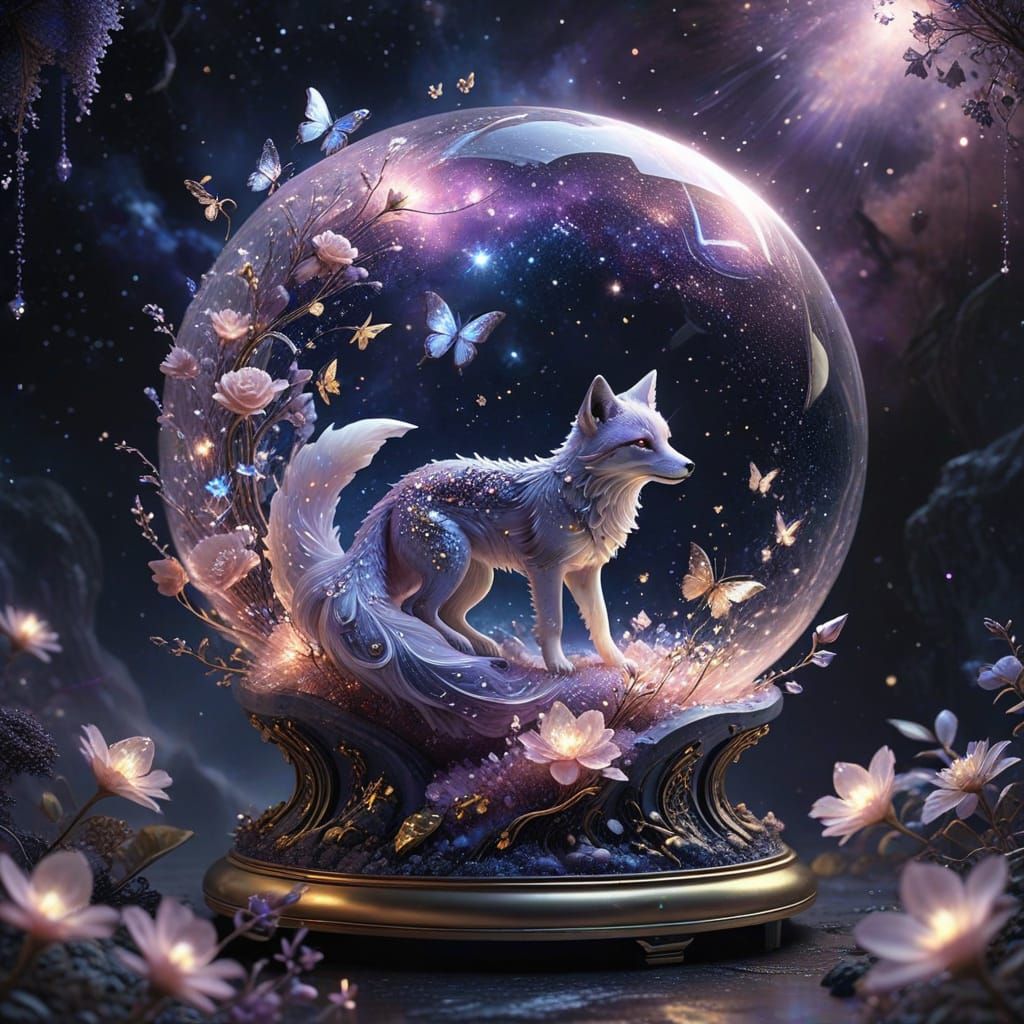 Celestial Garden with Crystal Flowers and Glass Fox