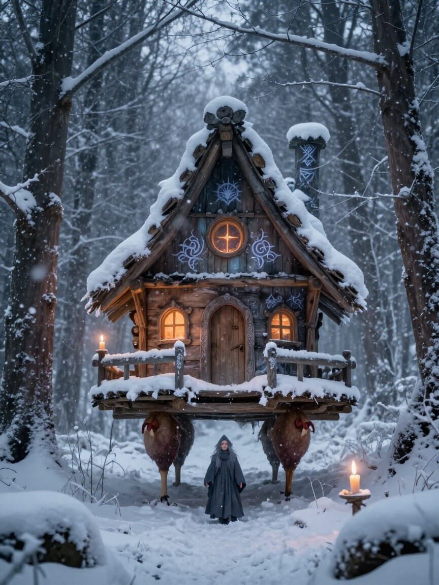 Baba Yaga Witch in Ethereal Winter Forest
