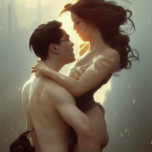 Passionate Encounter in Hyperdetailed Art Nouveau Style