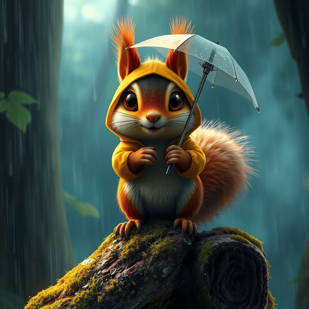 Squirrel in Raincoat with Umbrella, Digital Art