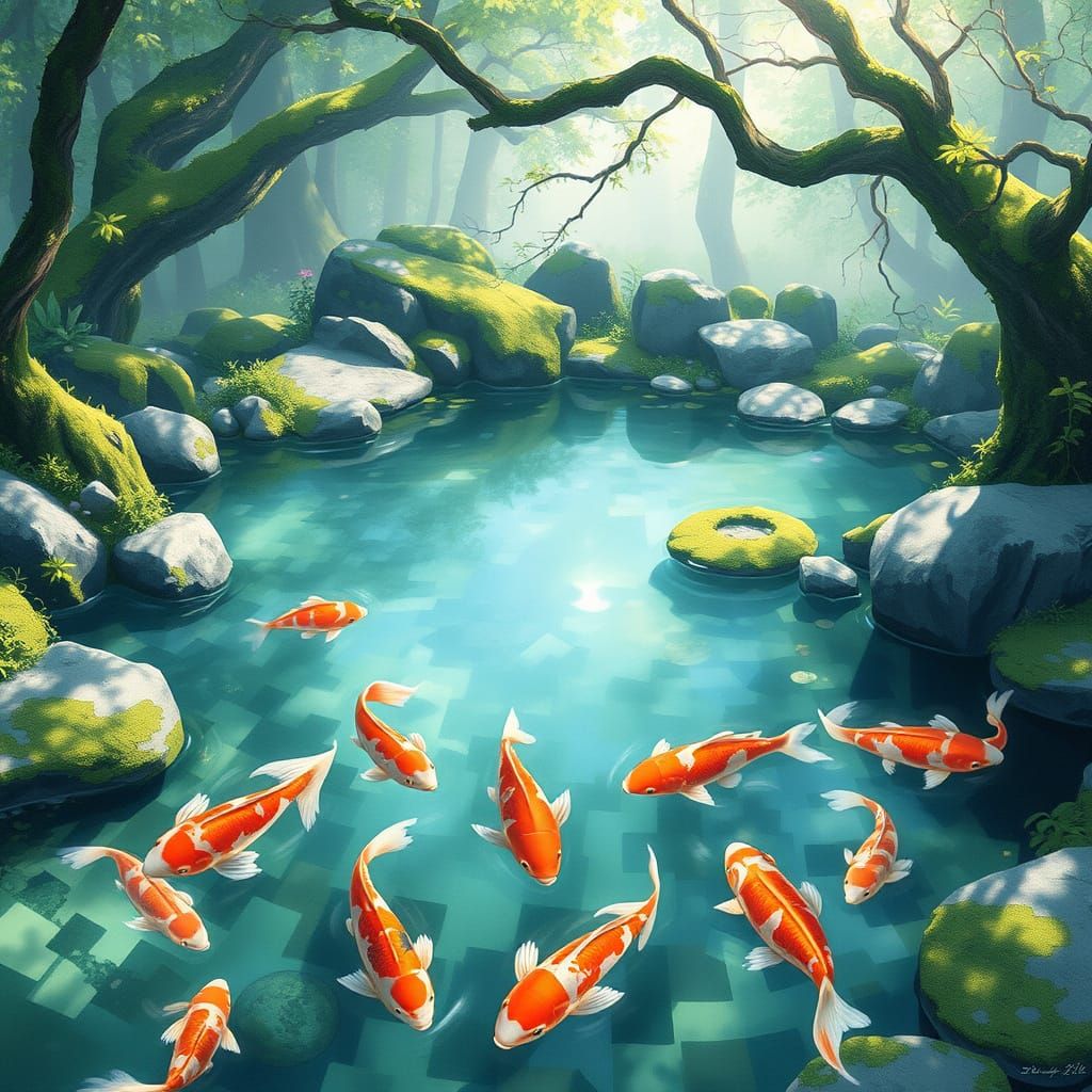 Whimsical Watercolor Koi Pond Scene