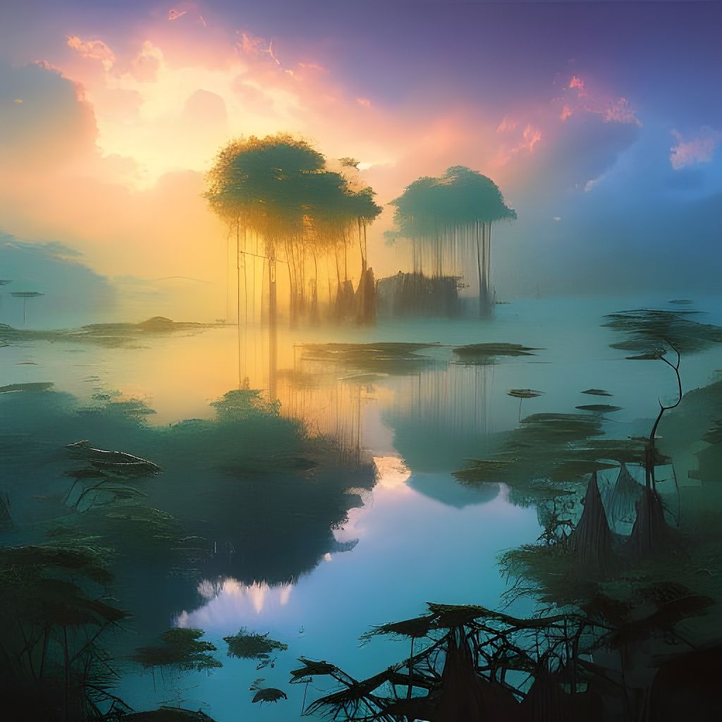 Jungle Temple Ruins Reflecting Sunset