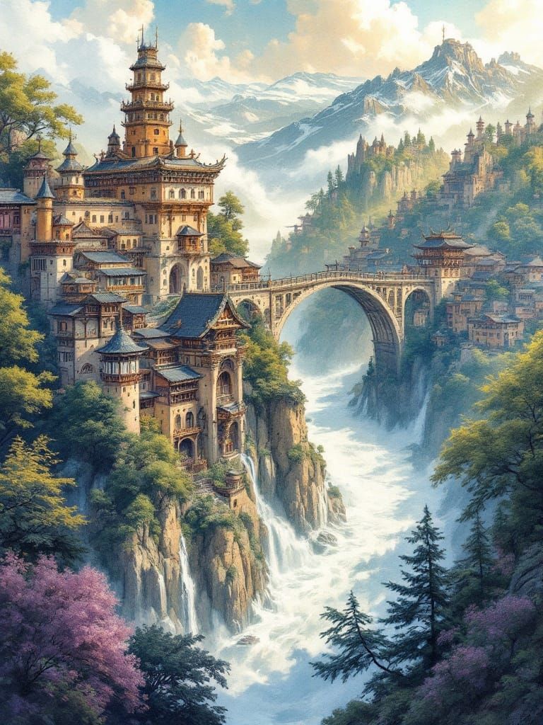 Fantasy Bridge Village: Ink and Watercolor Landscape