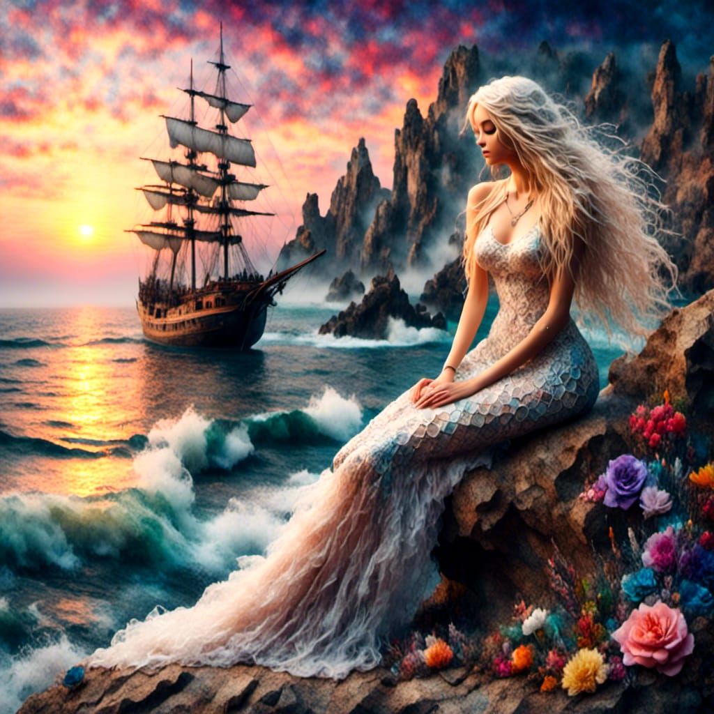 Stunning Mermaid and Dolphin at Sunset, as Oil Painting