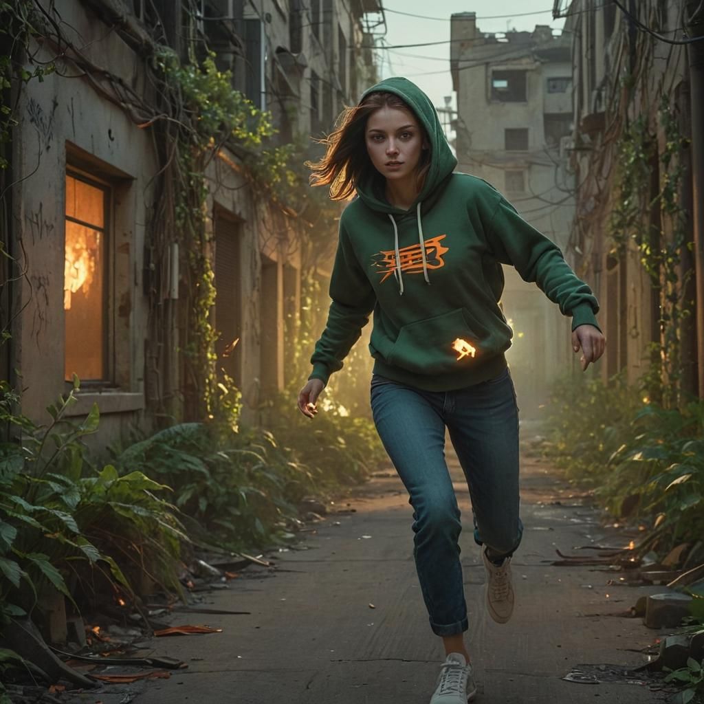 Dystopian Runner in Overgrown Cityscape