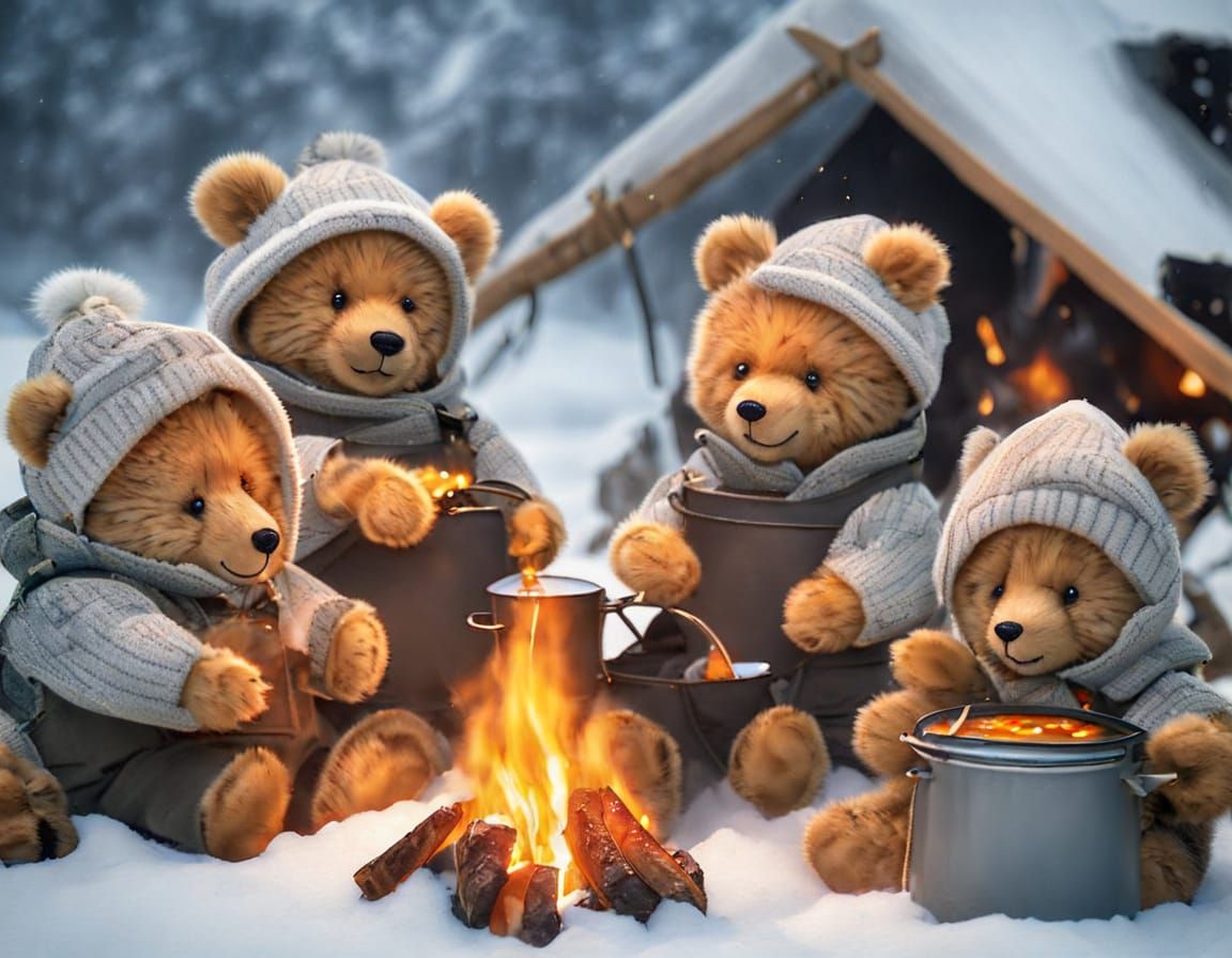 Cozy Winter Scene of Teddy Bears by the Campfire
