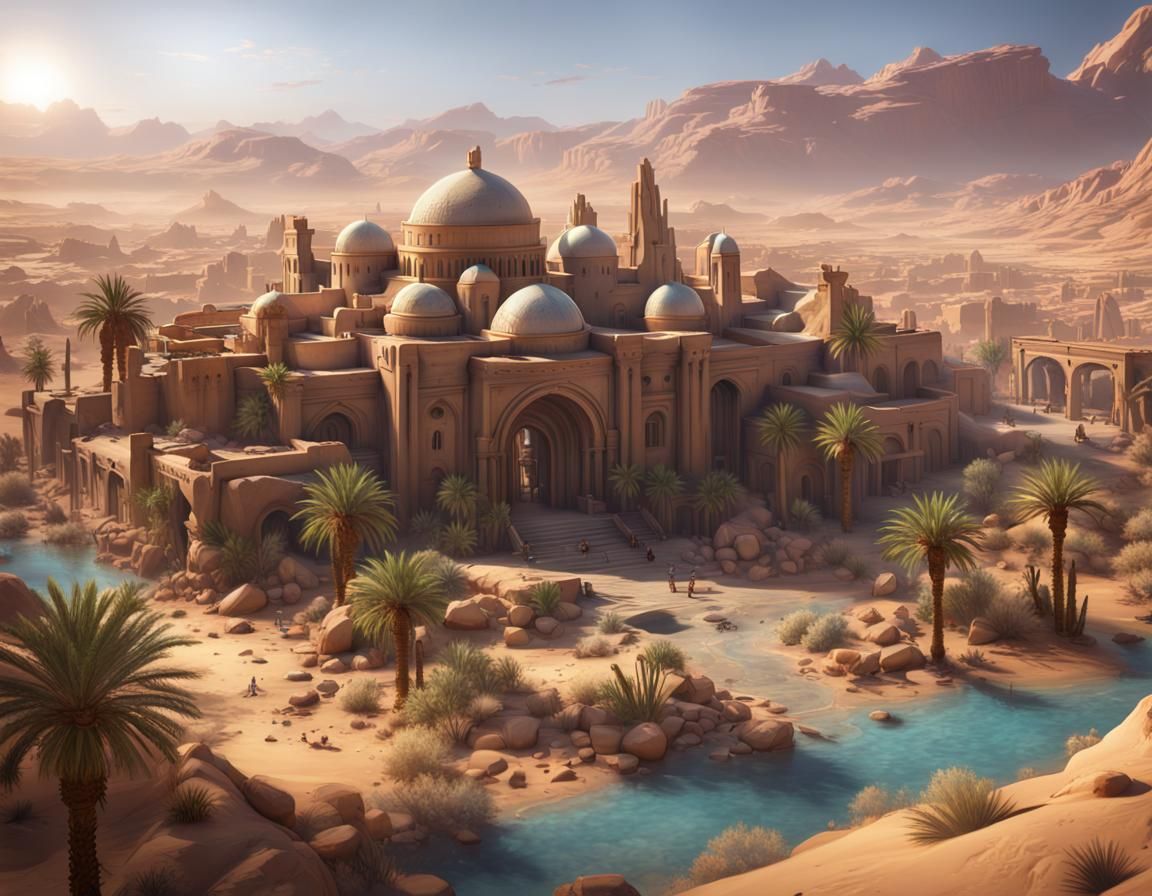 photo-realistic desert Oasis city, a masterpiece, 8k resolution, dark fantasy concept art, by Greg Rutkowski, dynamic li...