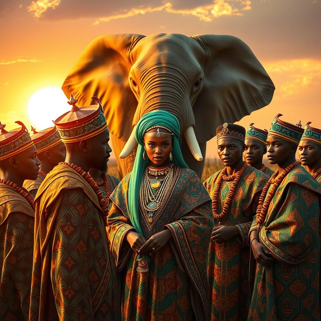 Nigerian Village Scene with Majestic Elephant in Fantasy Sty...