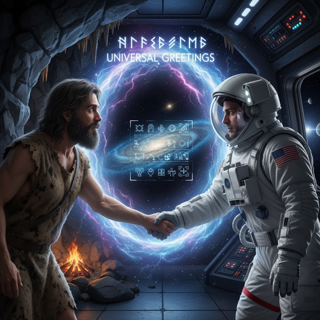 Caveman and Astronaut Meet Through Time Portal