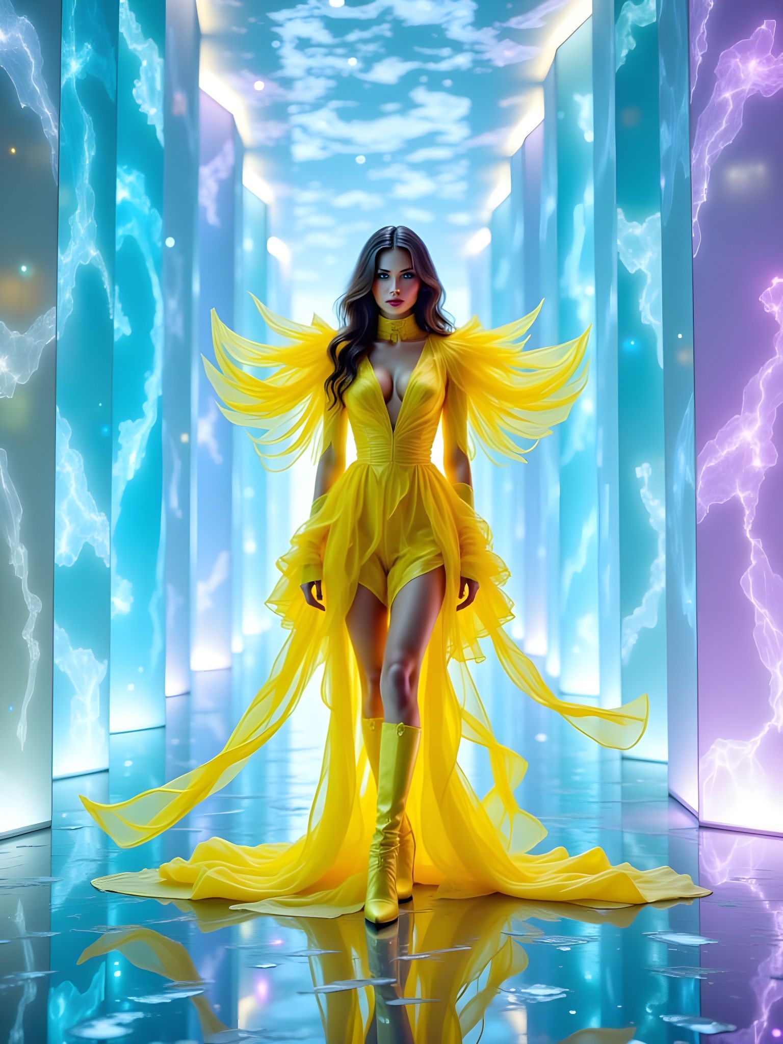 <lora:PandorasBox:1.0> A striking model standing inside an iridescent glass hall, surrounded by towering translucent gla...