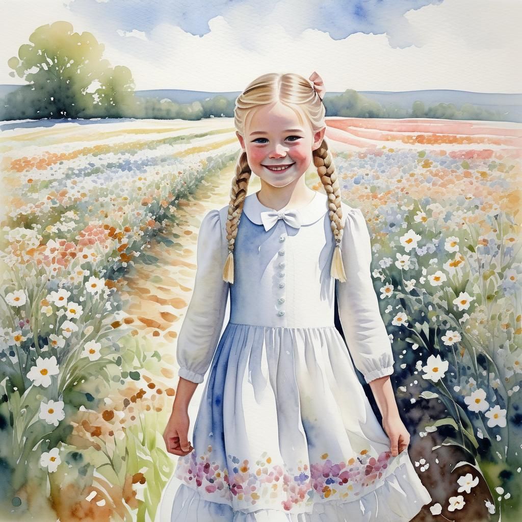 Girl in Flower Field: Impressionist Watercolor Painting