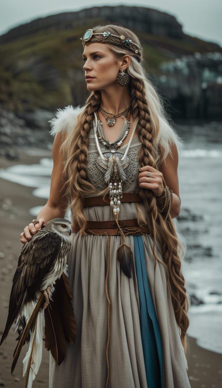 Viking Woman with Owl on Misty Beach