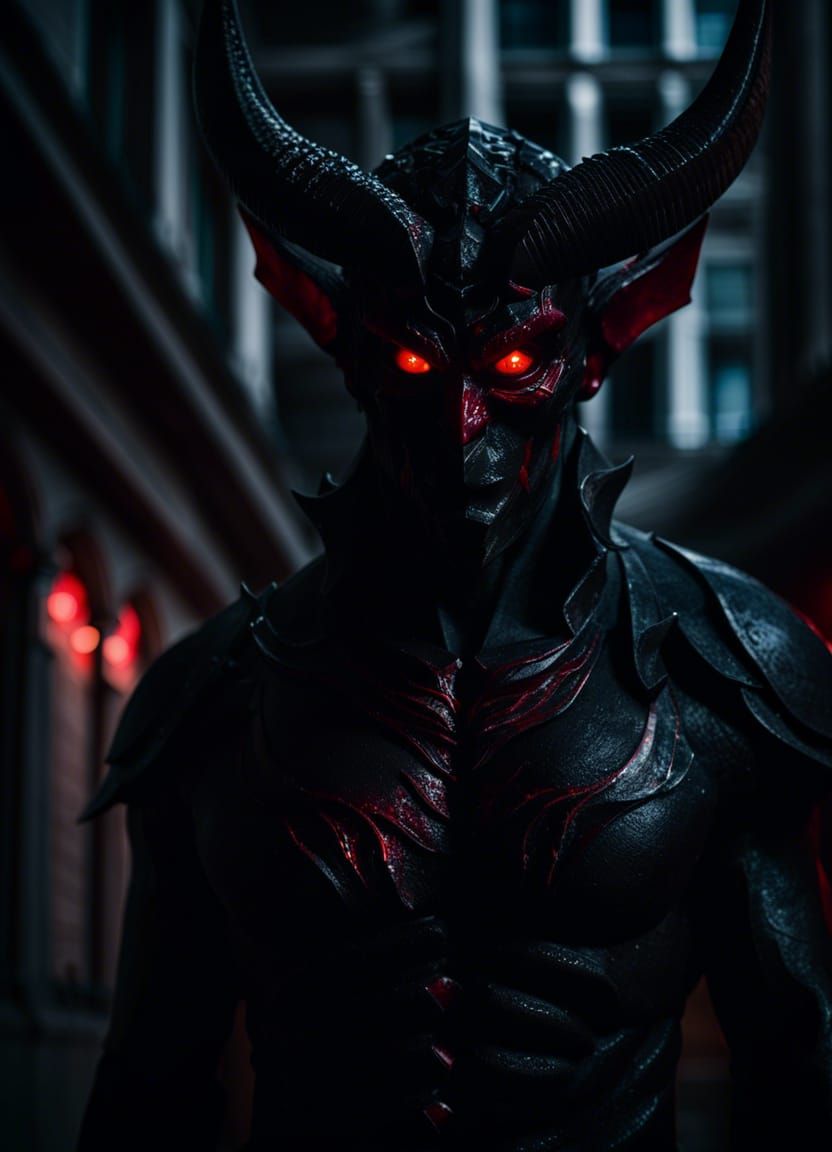 Dramatic Photo of a Red-Eyed Demon in Shadows