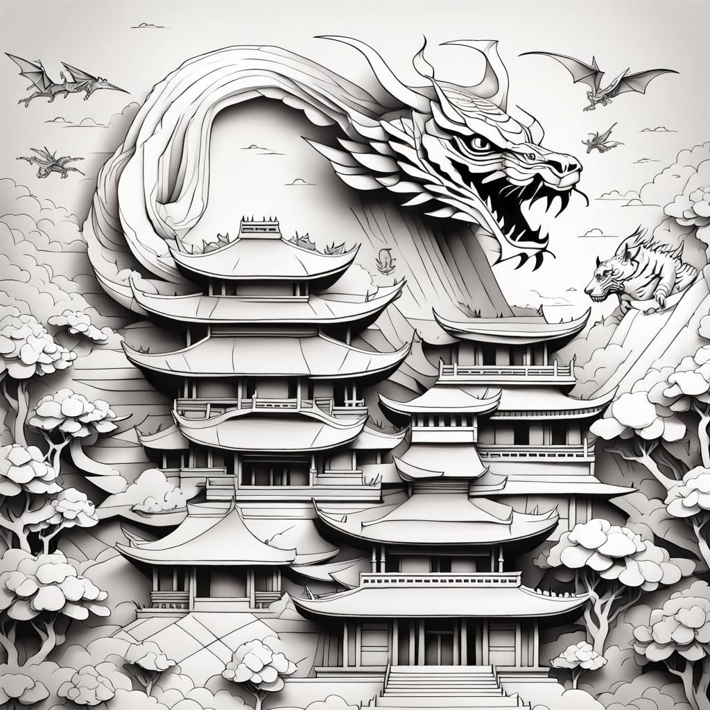 line art, black and white, tiger dragon flying above ancient temple of abundance, highly detailed, fine art