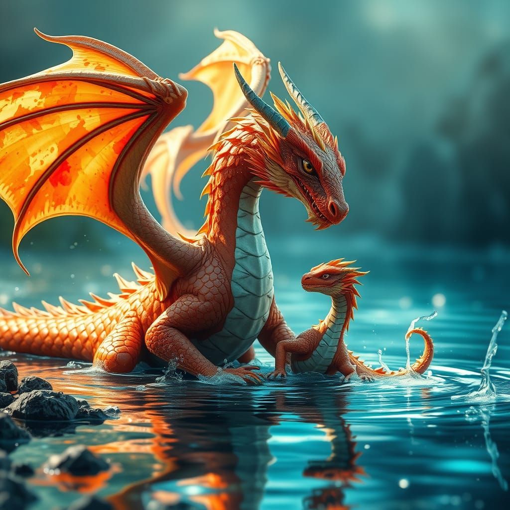 Mother and Baby Dragons Playing in Watercolor Style