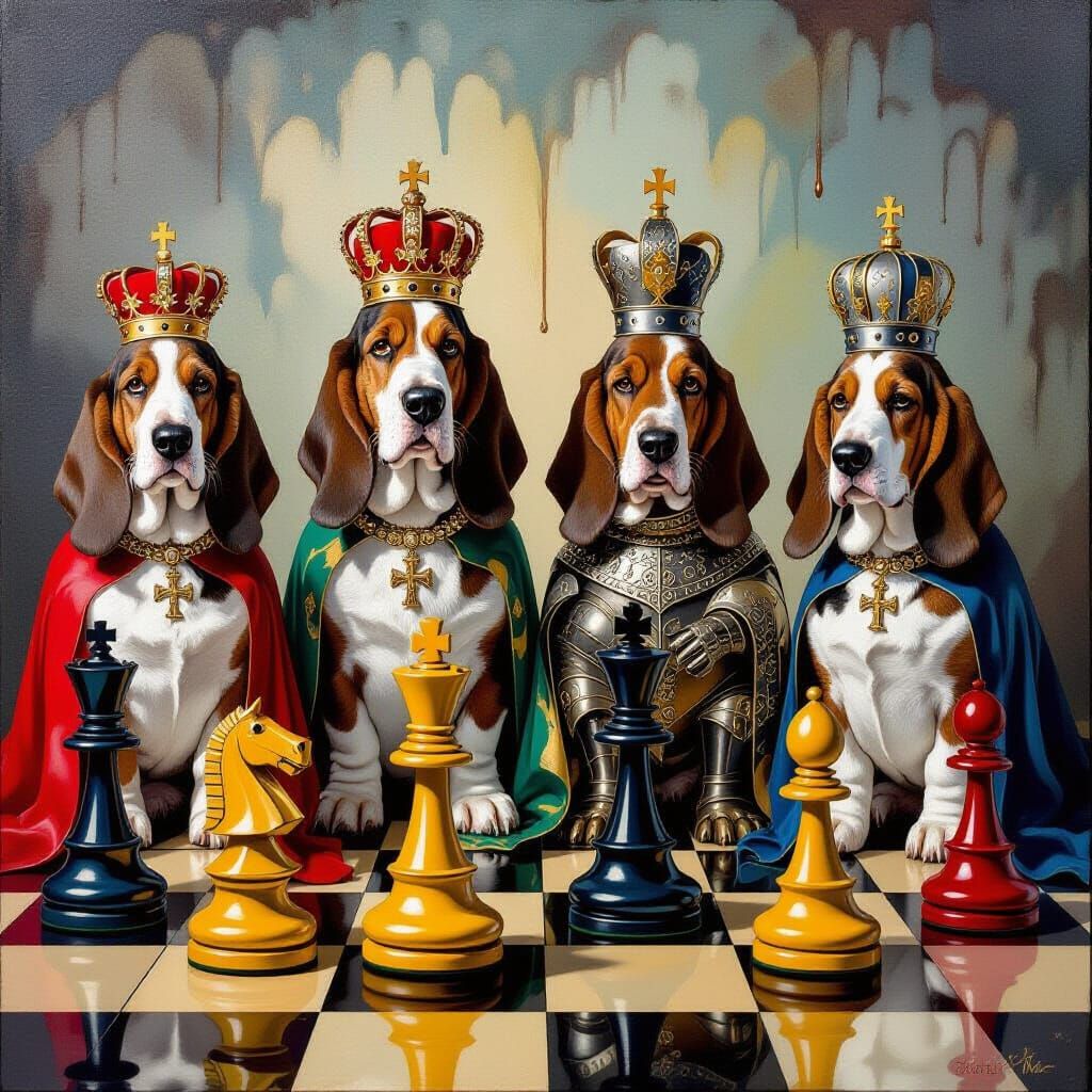 Basset Hound Chess Set in Melting Oil Style