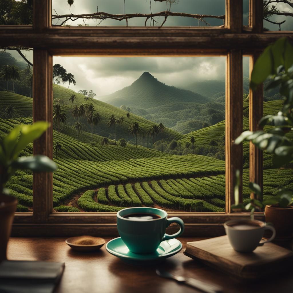 Colombian Coffee Plantation Through Glass Mug