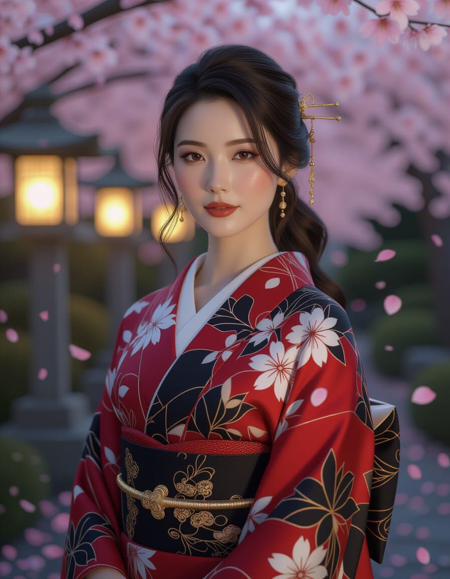 Confident Japanese Woman in Modern Kimono at Twilight Garden