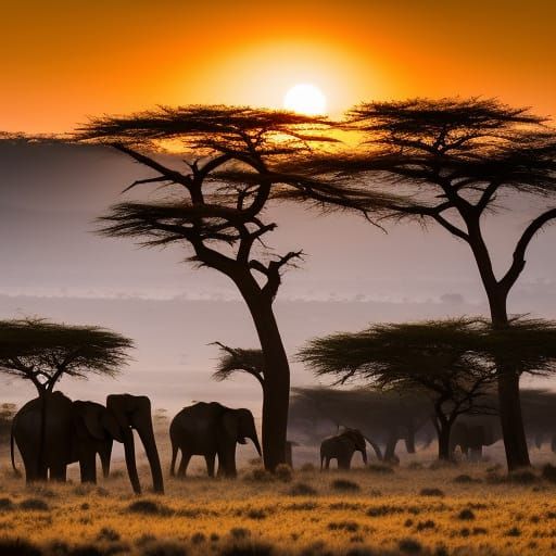Elephants and Giraffe at Serengeti Watering Hole