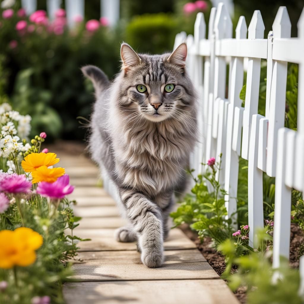 Gray Tabby Cat Strolling in Flower Garden