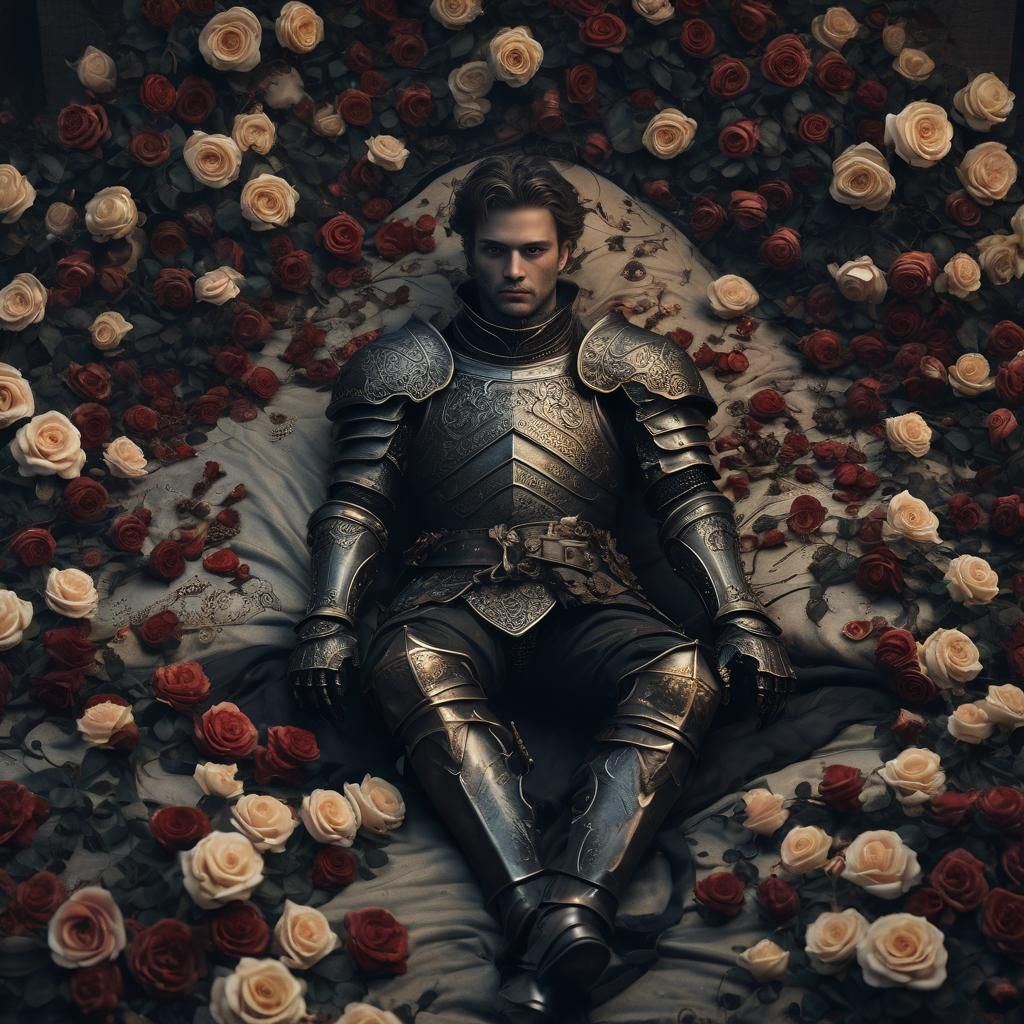 Knight Prince on a Bed of Roses in Dark Fantasy Style