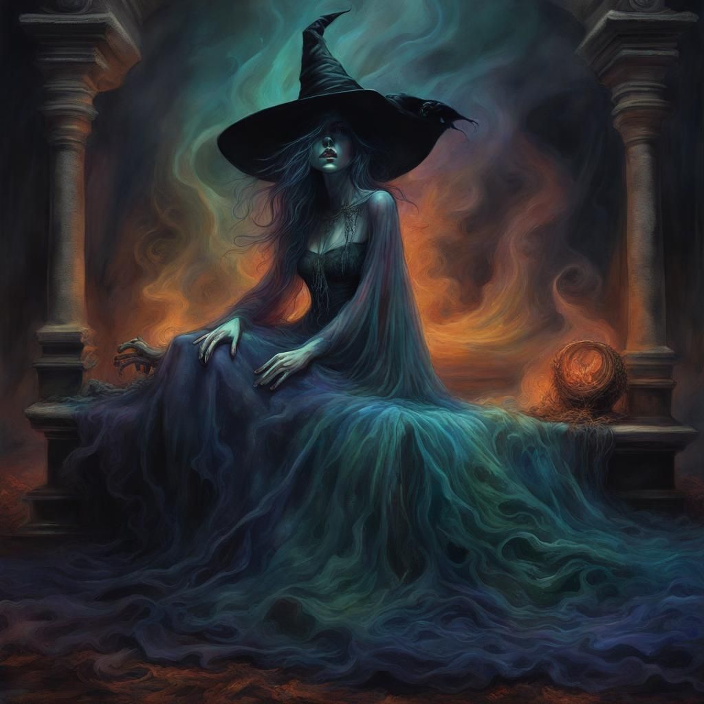 Eerie Witch with Undead Aura in Surrealist Art