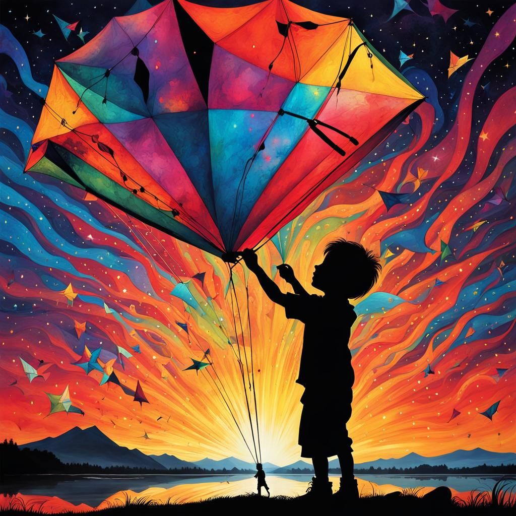 Child's Fantasy Kite Silhouette in Vibrant Colors