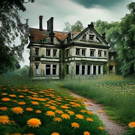 Abandoned Manor House with Overgrown Daisy Garden