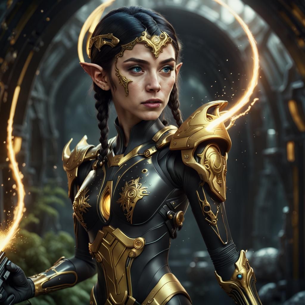Female Elf in Black and Gold Biosuit