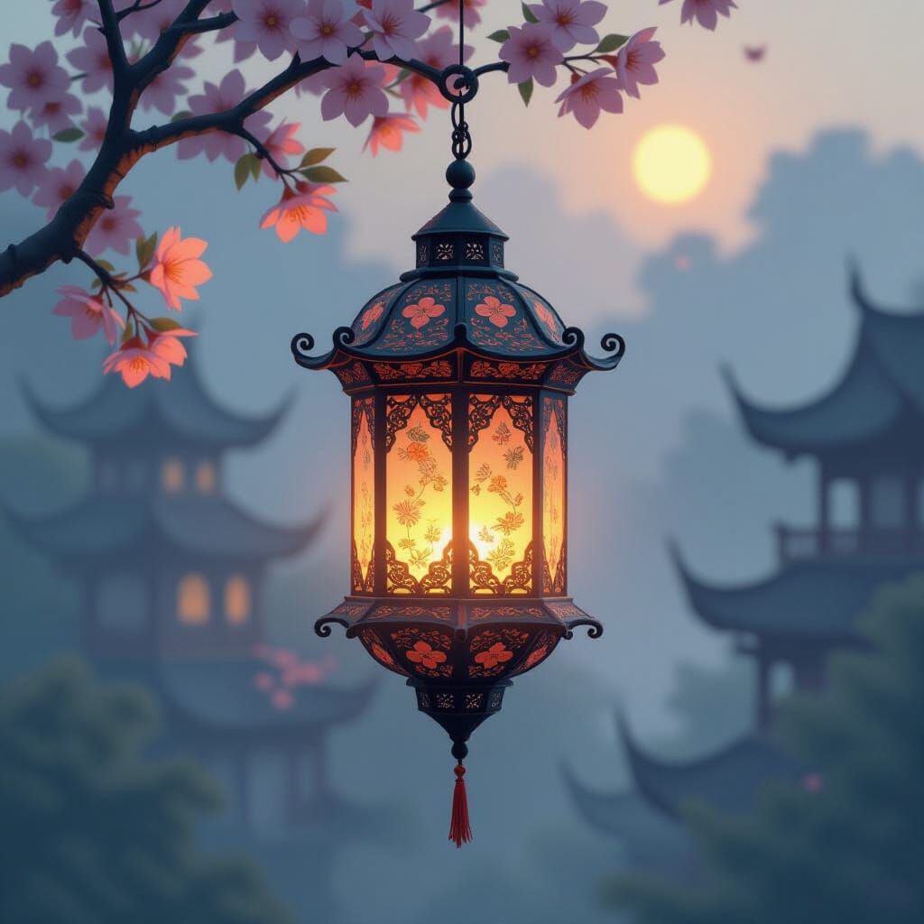 Floral Lantern Radiates Warmth in Dreamy Landscape
