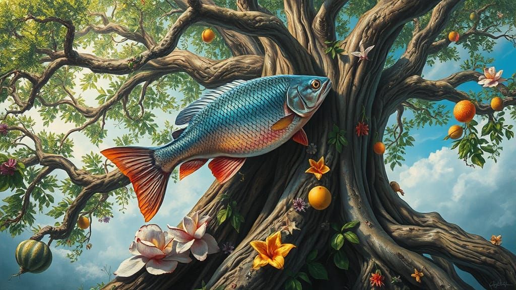 Fish Climbing Tree in Surrealist Oil Painting