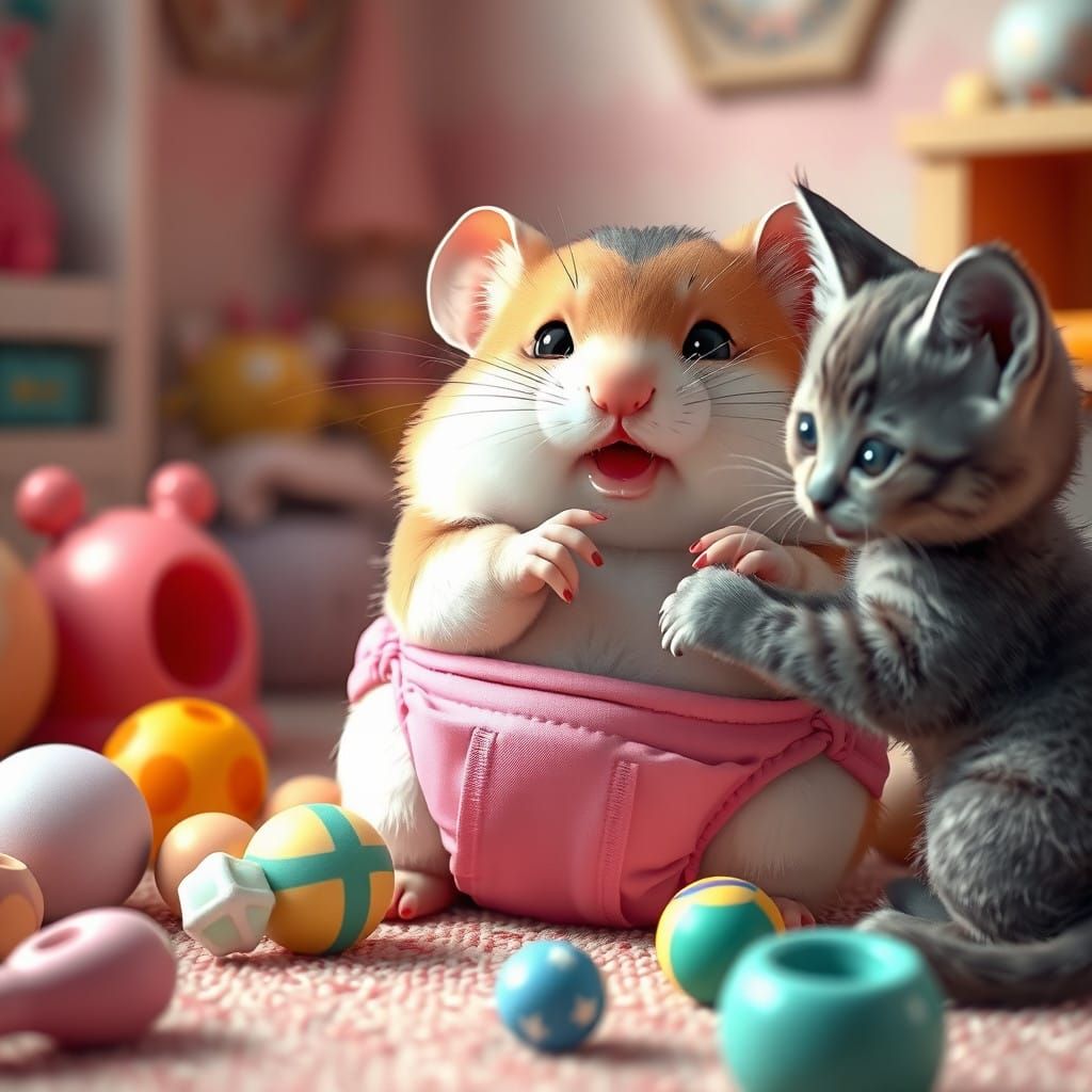 Kitten and Hamster Play in a Whimsical Anime-Inspired Scene