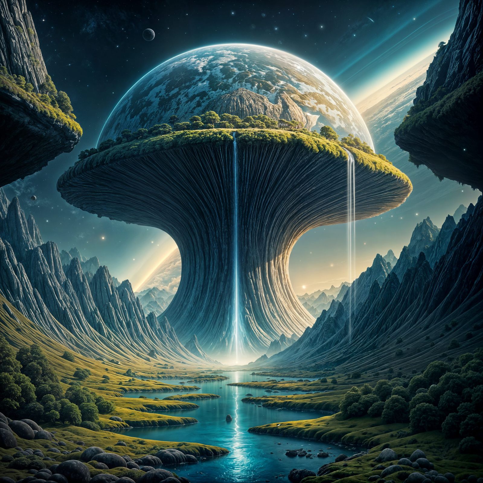 Surreal Planetary Mushroom Landscape with Flat Earth Cap