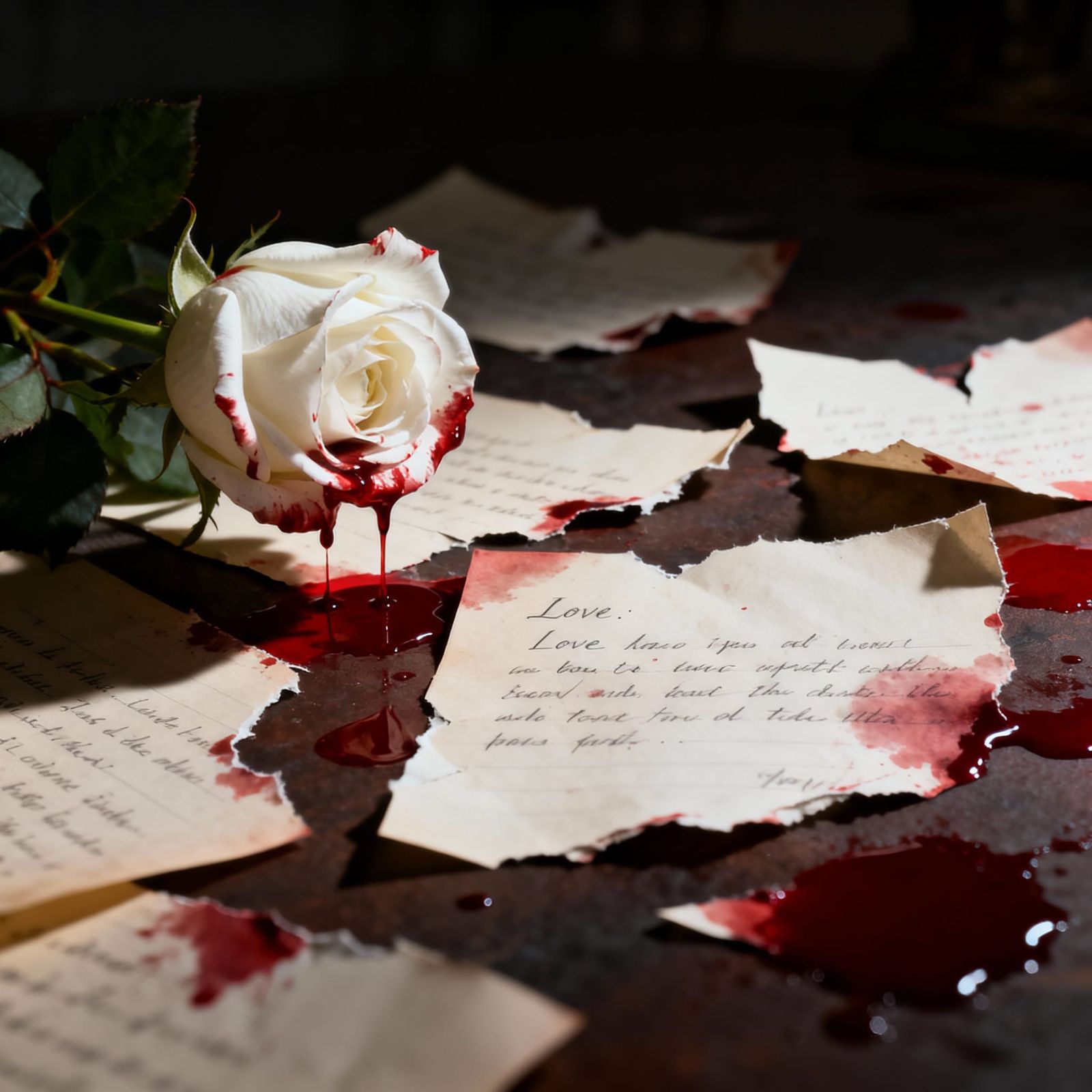Cinematic Hawk-Eye View of Bloodied Roses and Torn Love Lett...