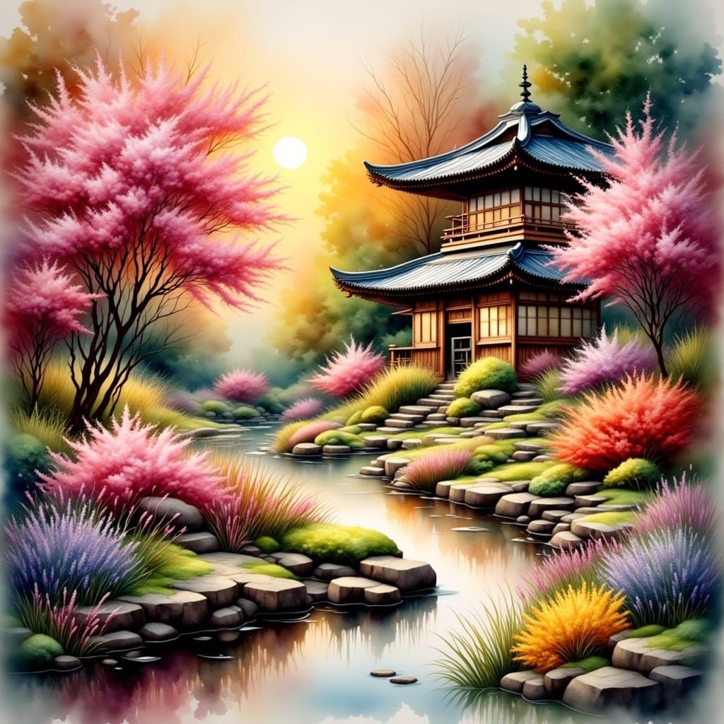 Ethereal Japanese Garden Scene in Antique Watercolor Style