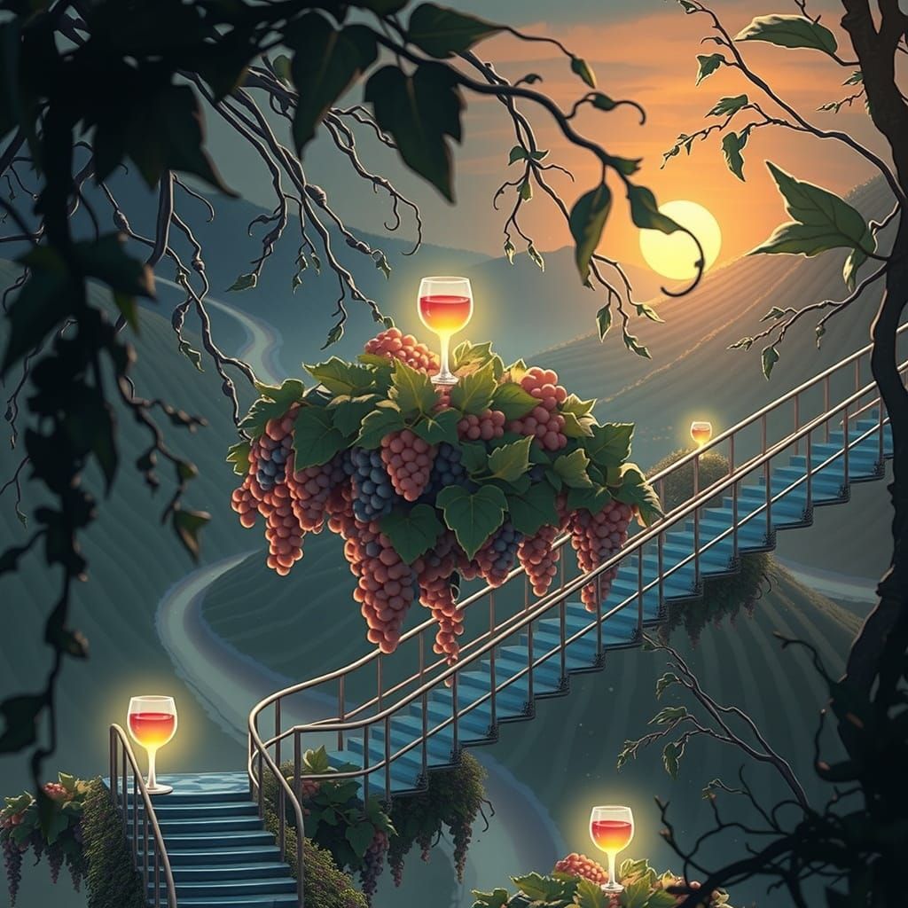 Surreal Vineyard at Sunset in Studio Ghibli Style