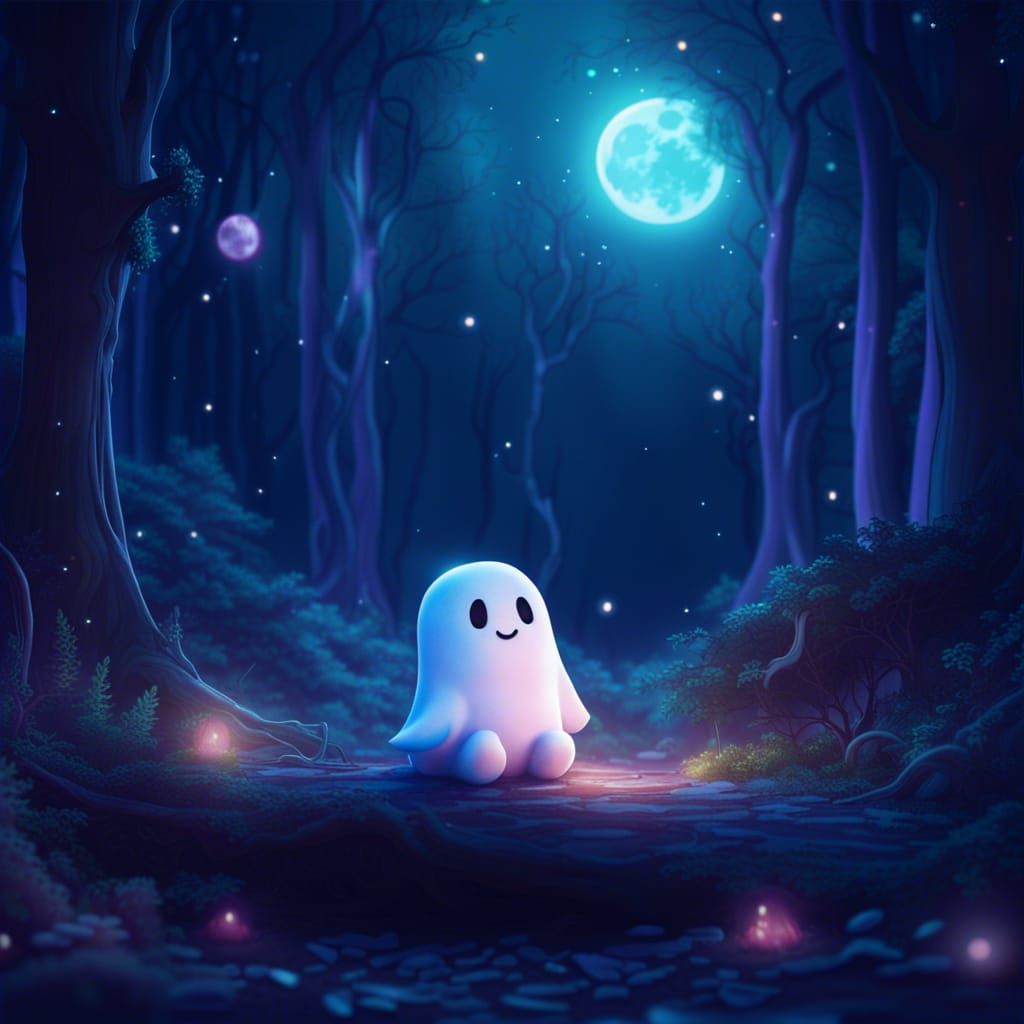 Cute Kawaii Ghost Under the Moon