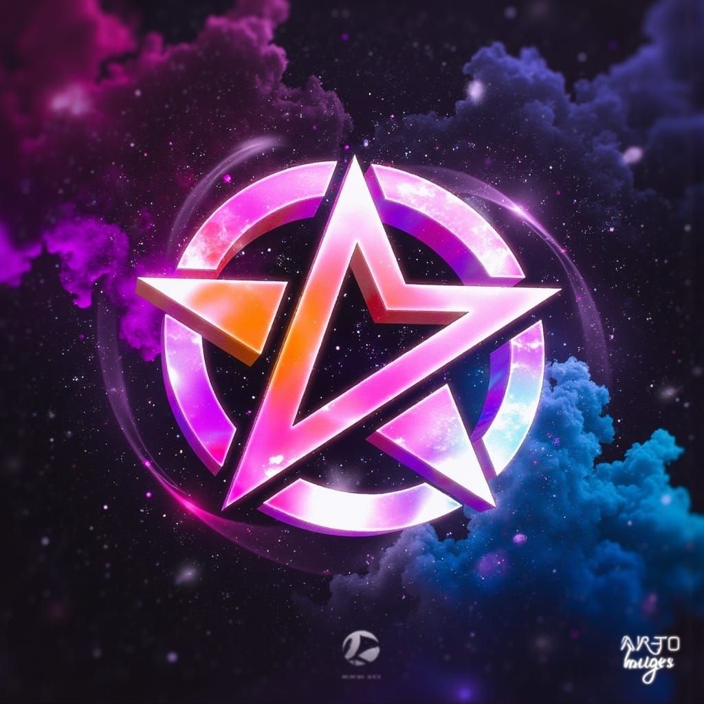Cosmic Logo with Iridescent Star and Holographic Background