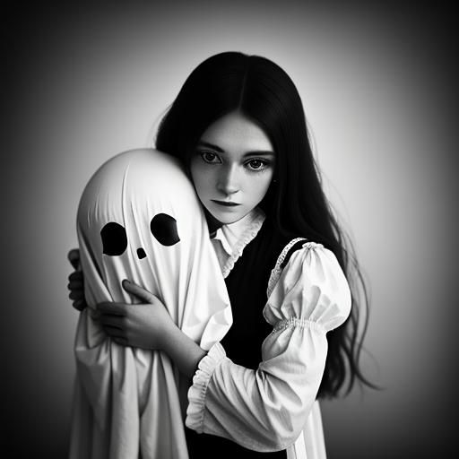 Vintage Photo of Girl Hugging Sheet Ghost