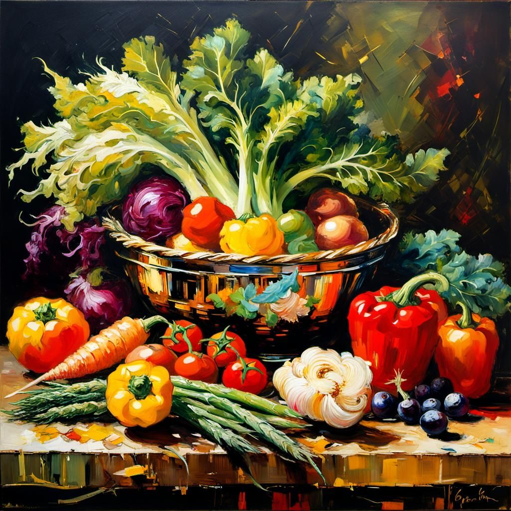 Vegetable Still Life in Encaustic Oil Painting